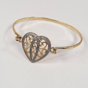 RL 925 Sterling Heart Bangle Bracelet Gold Tone Filigree Openwork Love 6.75"